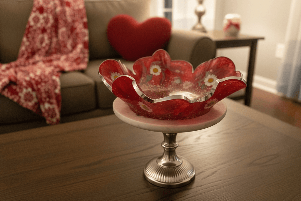 Valentine’s Day Daisy Resin Bowl – Red, White & Silver Decor - The Glossy Gift Shop