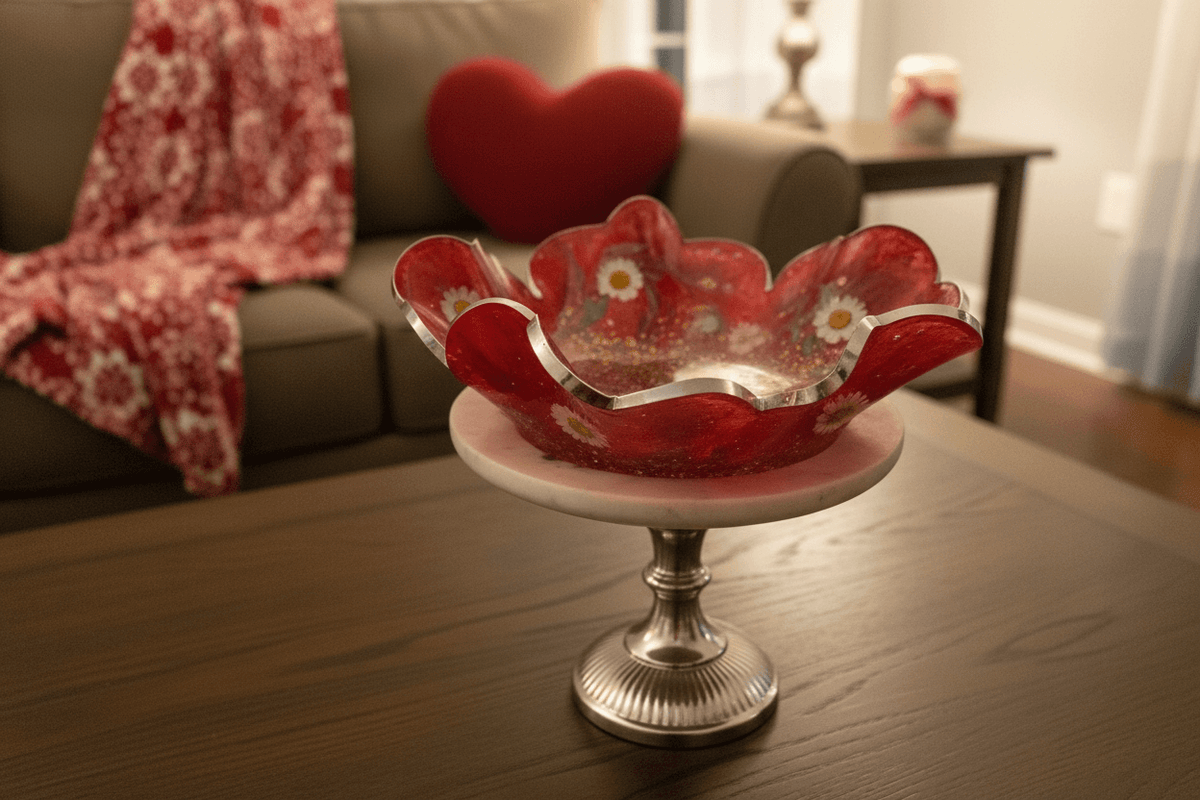 Valentine’s Day Daisy Resin Bowl – Red, White & Silver Decor - The Glossy Gift Shop
