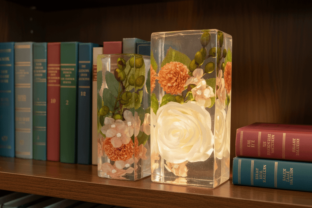 White Rose Resin Bookends – Handmade Floral Bookshelf Decor - The Glossy Gift Shop