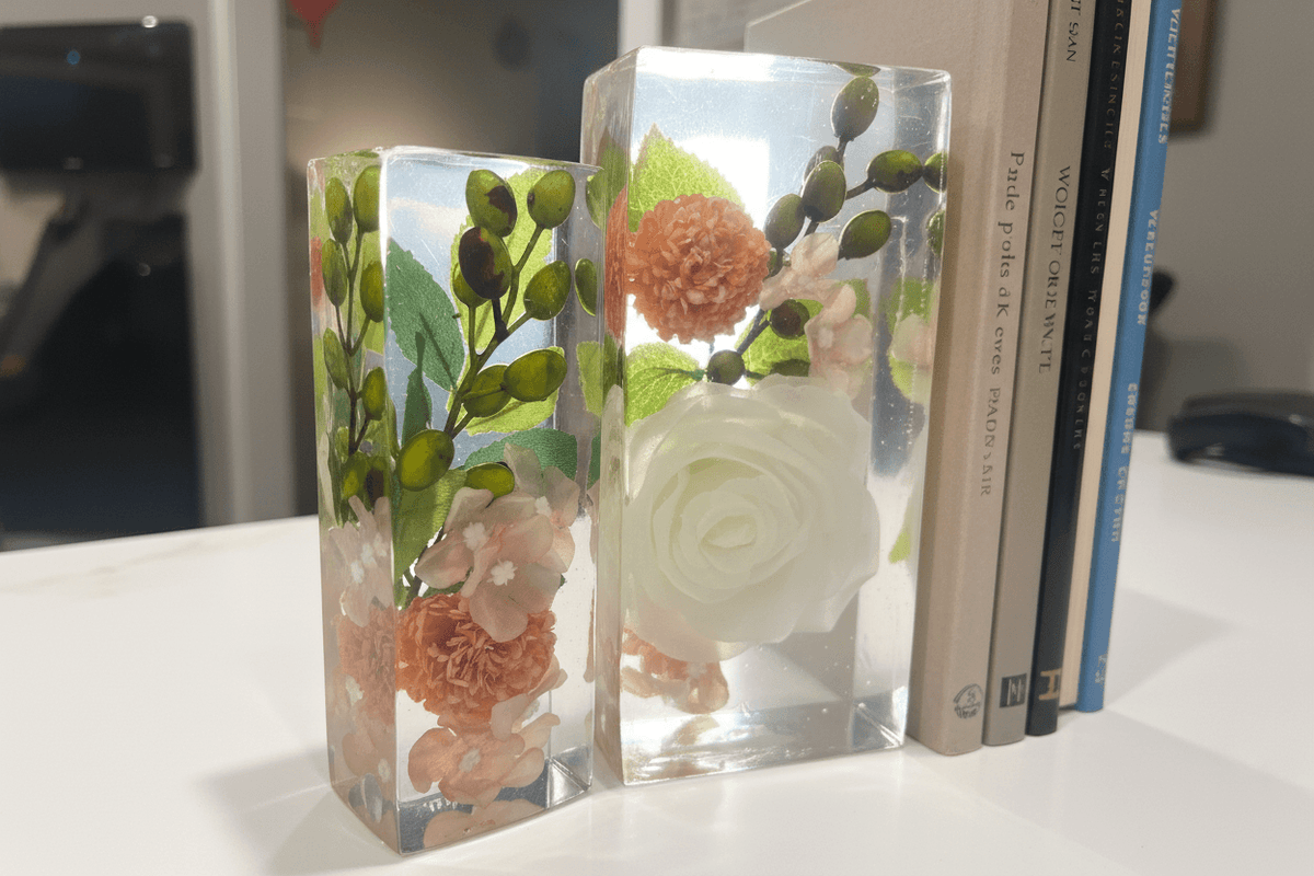 White Rose Resin Bookends – Handmade Floral Bookshelf Decor - The Glossy Gift Shop