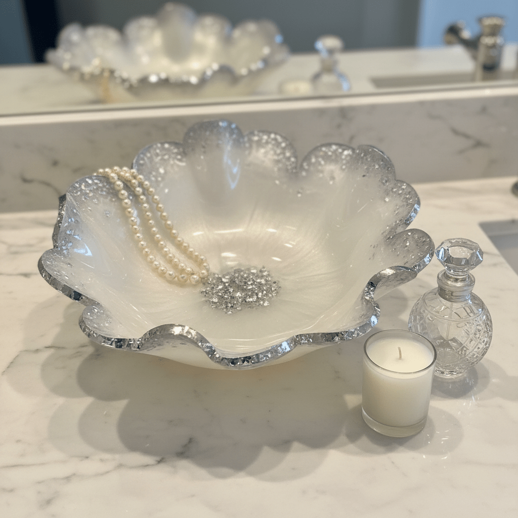 White Shimmer Resin Bowl – Silver Accent Handmade Decor - The Glossy Gift Shop