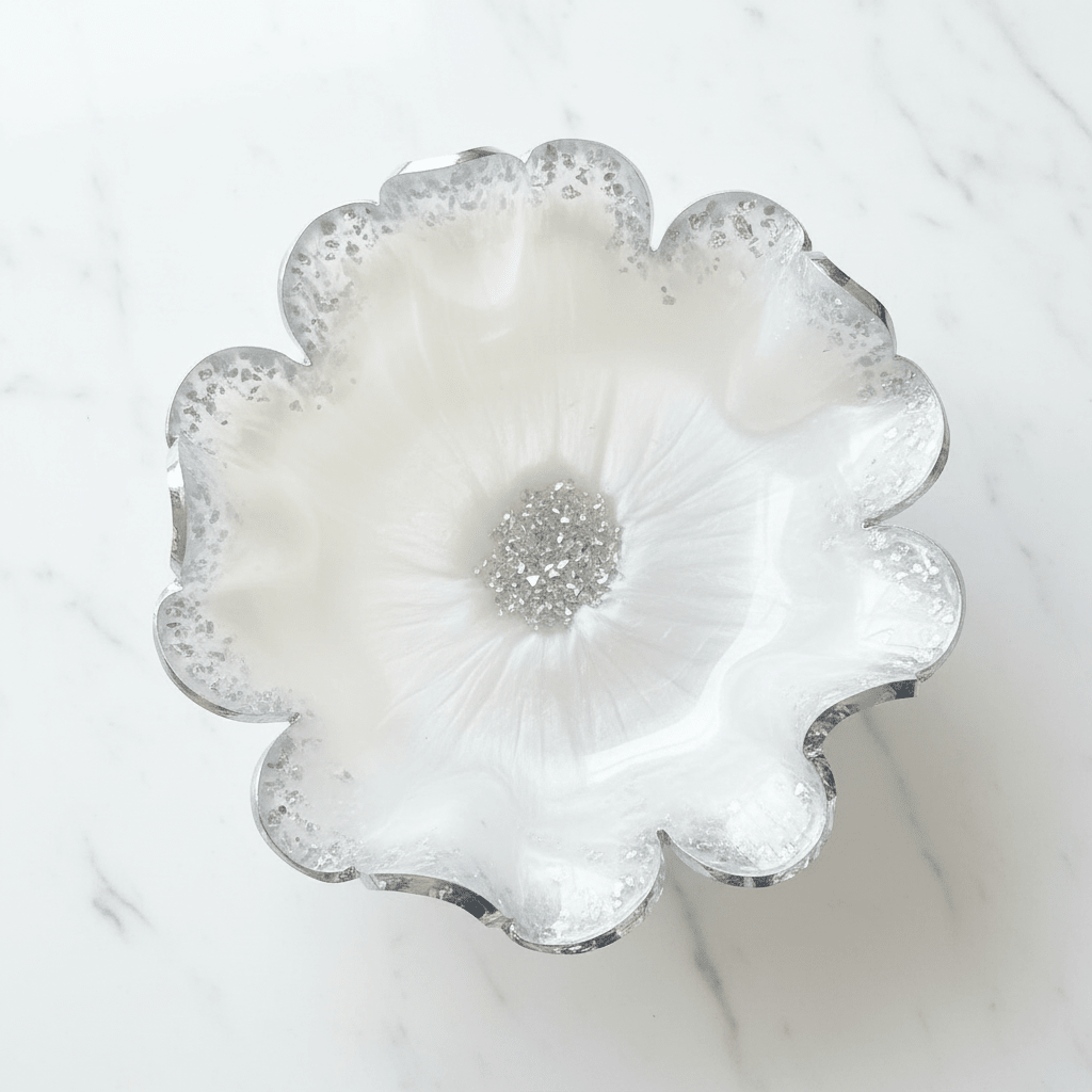 White Shimmer Resin Bowl – Silver Accent Handmade Decor - The Glossy Gift Shop