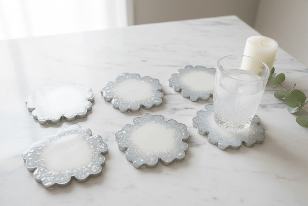 White Shimmer Resin Coaster Set – Handmade Set of 6 - The Glossy Gift Shop