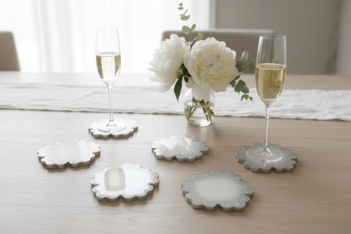 White Shimmer Resin Coaster Set – Handmade Set of 6 - The Glossy Gift Shop