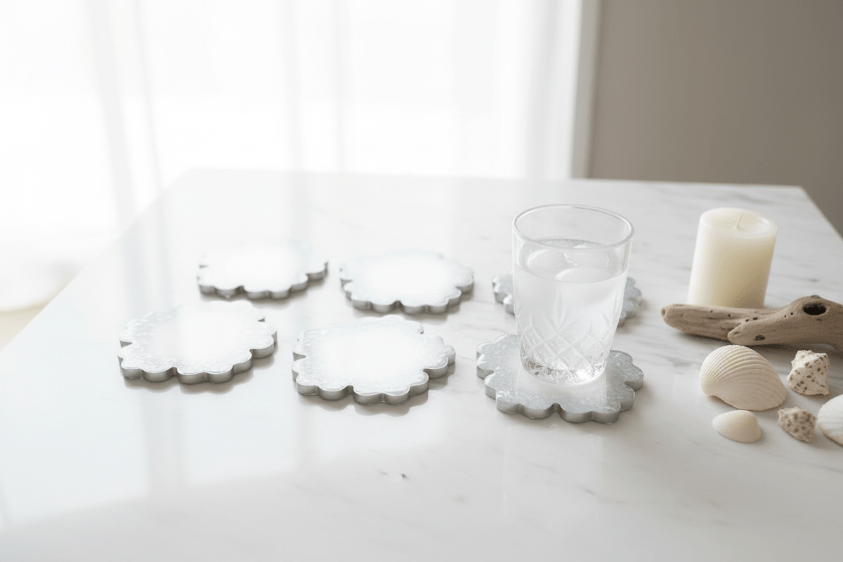 White Shimmer Resin Coaster Set – Handmade Set of 6 - The Glossy Gift Shop