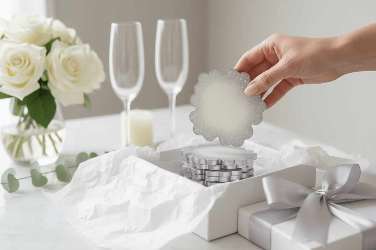 White Shimmer Resin Coaster Set – Handmade Set of 6 - The Glossy Gift Shop