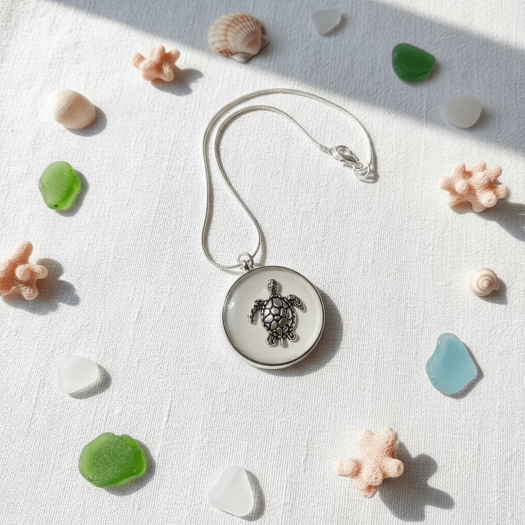 White Turtle Resin Necklace – Handmade Coastal Pendant - The Glossy Gift Shop