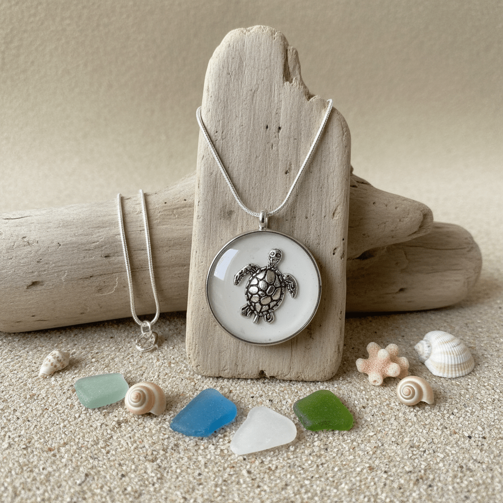 White Turtle Resin Necklace – Handmade Coastal Pendant - The Glossy Gift Shop