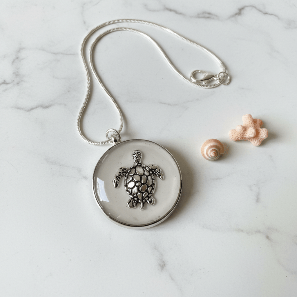 White Turtle Resin Necklace – Handmade Coastal Pendant - The Glossy Gift Shop