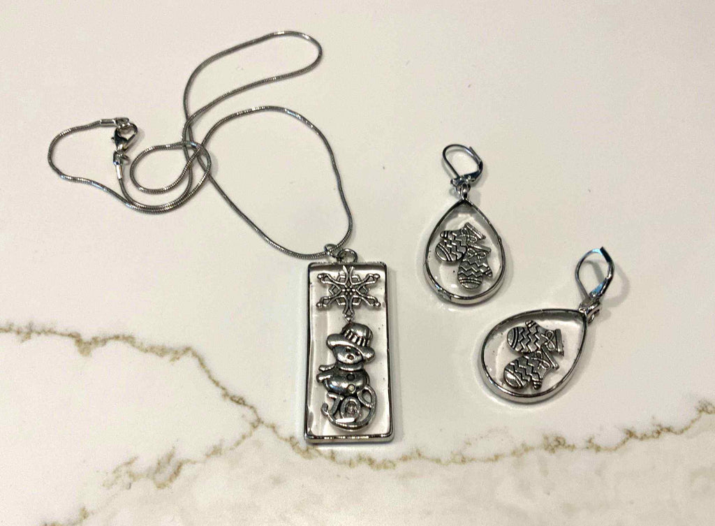 Winter Joy Resin Jewelry Set – Snowman Necklace & Mitten Earrings - The Glossy Gift Shop