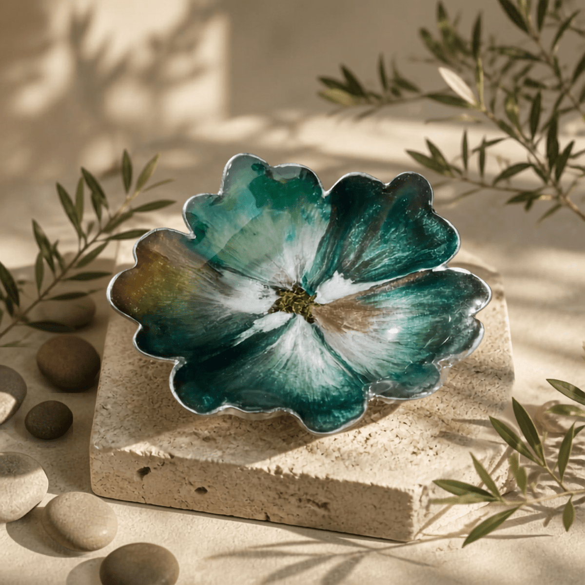 Woodland Mist Resin Bowl – Forest Green & Teal Handmade Decor - The Glossy Gift Shop