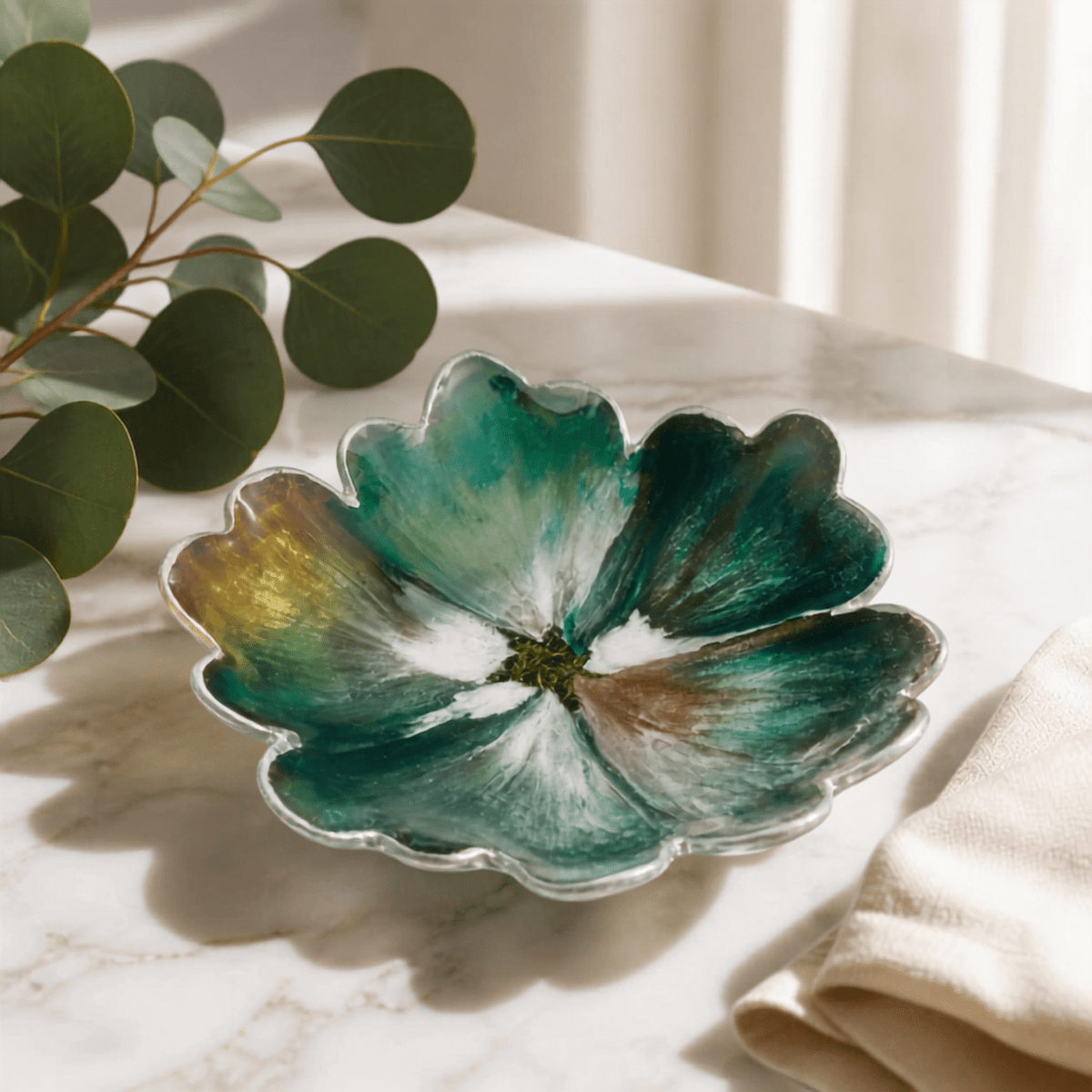Woodland Mist Resin Bowl – Forest Green & Teal Handmade Decor - The Glossy Gift Shop