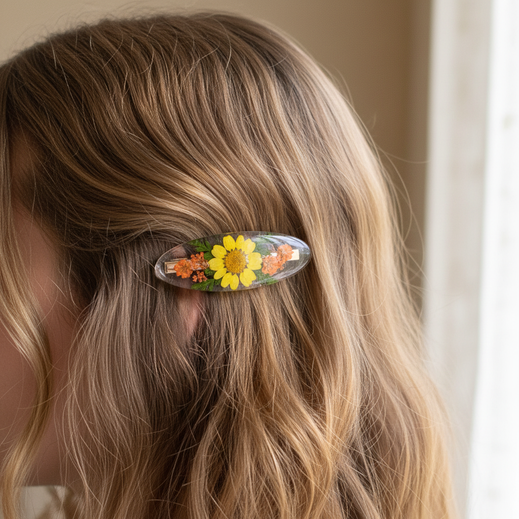 Yellow Orange Floral Hair Clip on Model